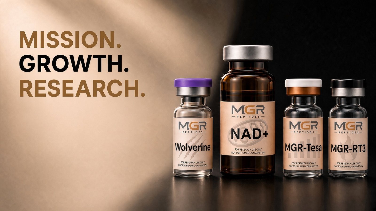 MGR Peptides research vials — Mission. Growth. Research.